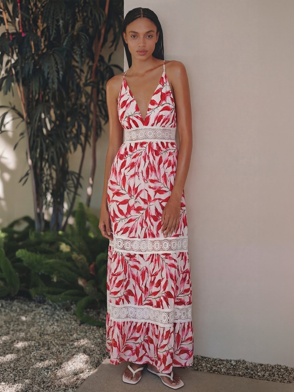 Red Leaf-Print Maxi Dress with Lace Waistband